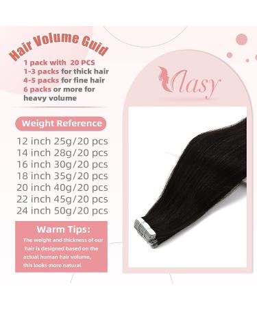 Vlasy 12 Inch Black Tape in Human Hair Extensions - 20pcs Straight Seamless Invisible Tape ins - Real Natural Hair Extensions - Buy Online on SooperMarket.com