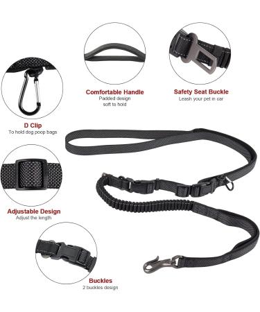 Hands Free Running Dog Lead - Retractable 7FT Long Training Leash for Medium Large Dogs - Reflective Nylon Tape - Ideal for Walking, Hiking, Jogging - Car Seat Belt Leash - Black - Buy Online on SooperMarket.com
