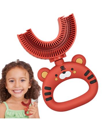 Puzzlegame U-shaped toothbrush made of silicone U-shaped children's toothbrush-cartoon-tiger design for children-soft silicone brush head extra soft toothbrush training manual full mouth cleaning red 1 piece (1 Pack)
