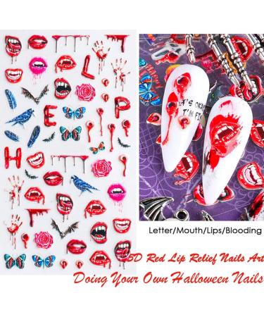 Halloween Nail Art Stickers Xcreando 5D Embossed Nail Decals Design with Skull Bones Ghost Witch Pumpkin Bat Lips Self-Adhesive Thick DIY 3D Nail Art Supplies for Halloween Days Party Cosplay Decorations 5 Sheets - Buy Online on SooperMarket.com
