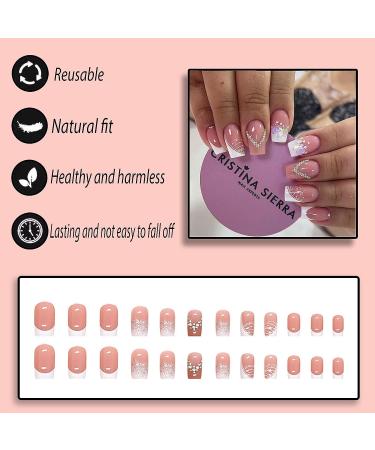 Luxury Pink Square Press on Nails with Rhinestone Design - Short French Tip Acrylic Artificial Nails - Buy Online on SooperMarket.com