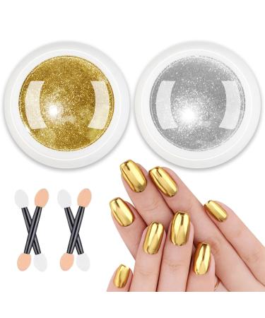 BISHENGYF Gold Chrome Nail Powder - Metallic Mirror Effect Nail Chrome Powders 2 Jars New Upgrade Silver Chrome Powders for Nails Glitter Pigment Holo Chrome Gold Nail Powder with 4 Eyeshadow Sticks B-Sliver