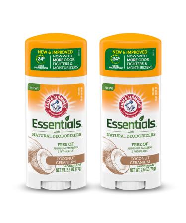 ARM & HAMMER Essentials Deodorant - Made with Natural Deodorizers - Coconut Geranium - Free From Aluminum Parabens & Phthalates 2.5 oz (Pack of 2)