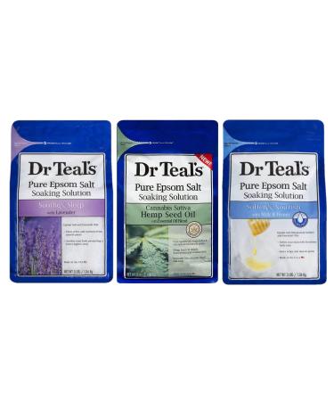 Dr. Teal's Pure Epsom Salt Soaking Solution Gift Set (3 Pack 3lbs ea.) - Soothe & Sleep with Lavender Hemp Seed Essential Oils Blend Soften & Nourish with Milk & Honey - Relieve Stress at Home