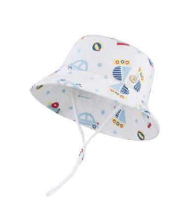 LANGZHEN Beach Sun Protection Hat for Baby Girls Adjustable Toddler Kids Hat Wide Brim Summer Play Hat with Chin Strap White - Cars 1-2 Years