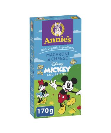 ANNIE'S - MACARONI AND CHEESE Disney Mickey and Friends No Artificial Flavours or Synthetic Colours Contains Real Cheese and Milk Ingredients 80% Organic Ingredients 170 Grams Package