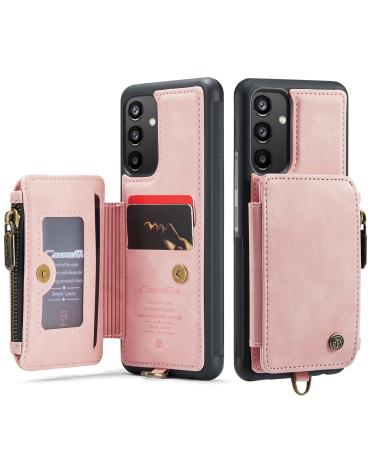 Soonic leather cover for Samsung Galaxy A34 5G magnetic item of pocket bags for cards and cash zipper folding cover with straps stands with coin compartment protective cover (A34 pink) A34 rose
