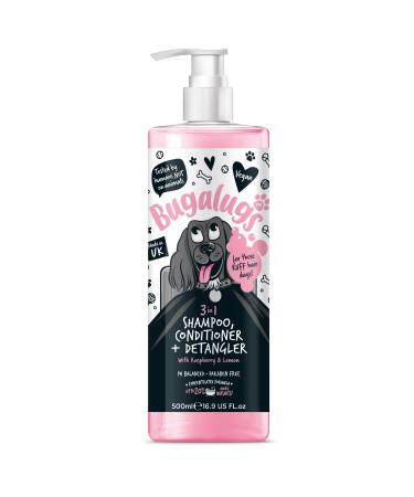 BUGALUGS Dog Shampoo 3 in 1 shampoo Conditioner & Detangler - Raspberry & Lemon dog perfume grooming products for smelly dogs best dog coat puppy shampoo pet accessories (Shampoo 500ml)