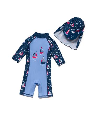 BONVERANO Baby Boys Swimsuit Toddler Bathing Suit Long-Sleeve Zipper One Piece Swimwear with UPF 50+ Sun Protection Boat 2-3 Years