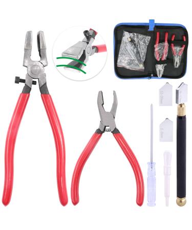 Glarks 4Pcs Heavy Duty Glass Running Pliers Tools Set  Breaker Grozer Plier with Glass Cutter and Pencil Style Oil Feed Carbide Tip Glass Cutter for Mosaic/Tiles/Mirror/Stained Glass Cutting