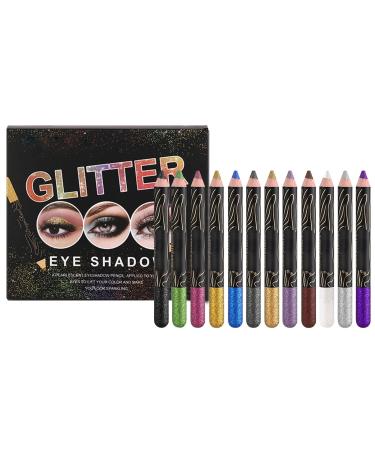 Reddhoon 12 Colors Glitter Eyeshadow Pencil Set Shimmer Shiny Eyeshadow Pen Set Long Lasting Smooth Eye Shadow Makeup Pen