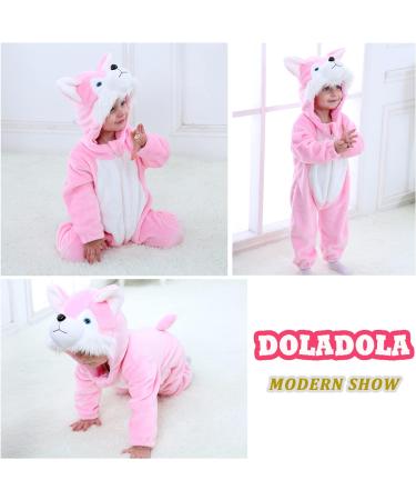 Doladola Unisex Baby Hooded Pink Husky Romper | Infant/Toddler's Cartoon Animal Jumpsuit & Pajama Set (6-12 Months) - Buy Online on SooperMarket.com