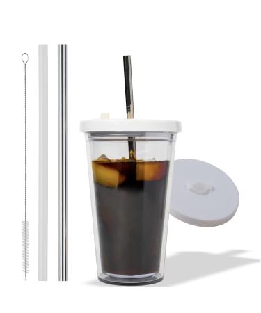Reusable Iced Coffee Cup (24 Oz/Venti), Leak Proof and Double Wall Insulated Iced Coffee Tumbler, Come with Reusable Plastic and Metal Straws and Straw Cleaner Clear 24.0 ounces