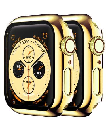 HANKN 2 Pack Tempered Glass 44mm Case Compatible with Apple Watch Series 6 5 4 Se 44mm Tempered Glass Screen Protector Plated Hard PC Cover Full Coverage Shockproof Iwatch Bumper (44mm Gold+Gold) 44mm Gold+Gold