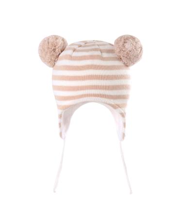 LANGZHEN Toddler Kids Infant Winter Hat Earflap Knit Warm Cap Fleece Lined Beanie for Baby Boys Girls 0-6 Months Beige-Stripe