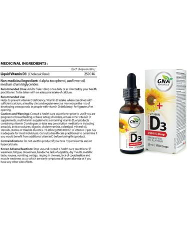 GNA Naturals Vitamin D3 Drops 2500 IU 30ml - Liquid Vitamin D3 for Adults - High Potency Flavorless Easy to Absorb - Pure D3 Supplement for Daily Wellness - Supports Bone Heart and Teeth Health - Buy Online on SooperMarket.com