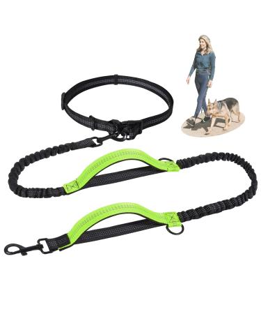 Snocyo jogging leash dogs jogging dog leash for medium -sized and large dogs elastic and reflective dog leash retractable leash with double handle & waist belt for a dog black & green