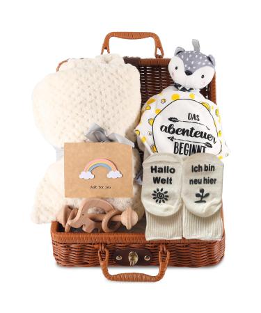 Newborn gift tobogganing baby gift set baby gift boy baby gift girls 7 in 1 set - with blanket ceiling cloth wooden rattles with elephant pendants bibs socks souvenir box milk white