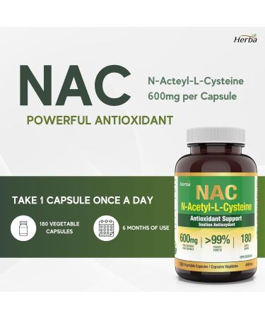 Herba NAC Supplement 600mg 180 Vegetable Capsules | N-Acetyl-L-Cysteine | NAC Supplement 600 mg for Antioxidant | Premium & Pure | Product of Canada | 180 Capsules - Buy Online on SooperMarket.com