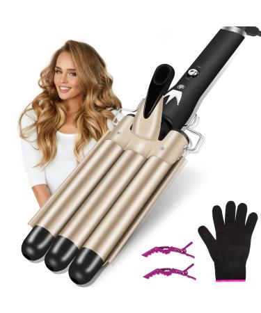 LAYADO 3 Barrel Curling Iron Hair Wave Curler 22mm (0.86 Inch) Temperature Adjustable Three Barrel Hair Iron Hair Waver Iron Ceramic Tourmaline Triple Barrels Crimper Hair Iron with Dual Voltage Gold