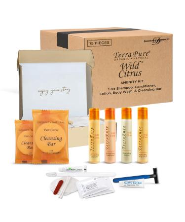 Terra Pure Amenity & Accessory Kit |1 oz Travel Size Shampoo Conditioner Lotion Body Wash 2 Cleansing Bars Shave & Dental Sets Make-Up Remover Wipes & Vanity Kit | 15 sets per case 75 PIECES (BOXED WITH ACCESSORIES)