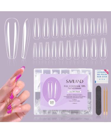 Saviland Long Coffin Soft Gel Nails Tips Kit   500PCS Full Cover Nails Tips Gel x Nails Clear Fake Nails Tips Nail Repair Nail Extension False Gel Nails Tips Manicure Starter Kit for Nail Art Salon Use Home DIY A1-Full C...