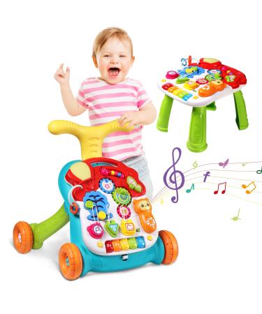 3 in 1 Sit to Stand Walker, Baby Push Walker with Musical Play Table, Speed & Height Adjustable Learning Walker for Baby for 12 Month and Up