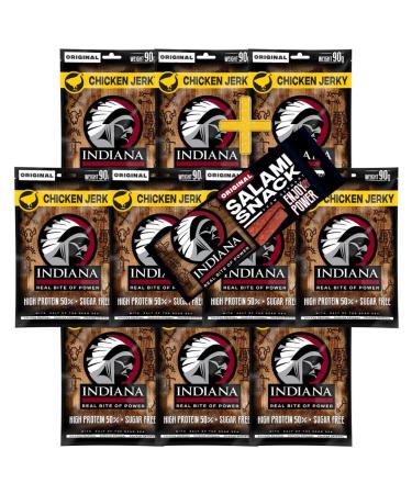 INDIANA BEEF JERKY dried meat high protein no added sugar + salami snack 18g (10 x 90g chicken jerky)