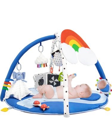 SYNPOS Baby Gym Play Mat, Baby Play Mat with 10 Toys for Sensory and Motor Skill Development, Baby Gym Activity Mat with Elephant Security Blanket, Rainbow Play Mat for Baby Gift Blue Elephant