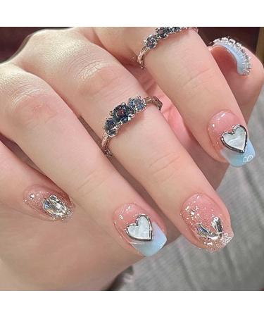 Hkanlre Square Press on Nails Short Pink Crystal Fake Nails Heart Tips Full Cover False Nails for Women and Girls 24PCS Pink Large