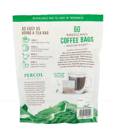 Percol Americano Medium Roast 100% Arabica Ground Coffee Bags Pack of - 100% Arabica - Smooth & Full-Bodied Aroma - Rainforest Alliance Certified - 60 x 8g - Buy Online on SooperMarket.com