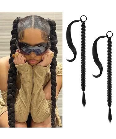 REECHO DIY Braid Ponytail Extension 2 Pack Long Straight Wrap Around Ponytail Hair Extensions Natural Soft Synthetic Hairpieces for Women - Black 140g 26Inch-140g(Pack of 2) Black