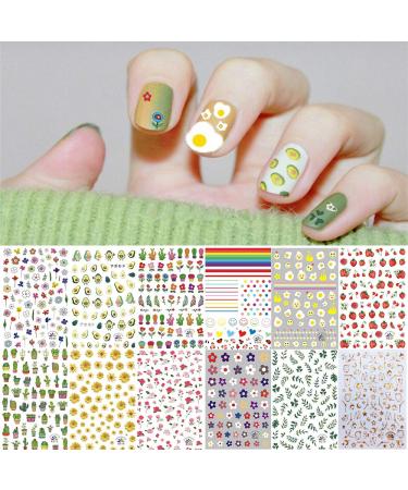 1000+ Patterns Nail Art Stickers Decals for Women Kids  Kalolary 3D Self-Adhesive Spring Stickers Flower Fruit Plant Stars Moon Smiling Face for Girls Manicure Salon Gift for Women Girl(12 Sheets)