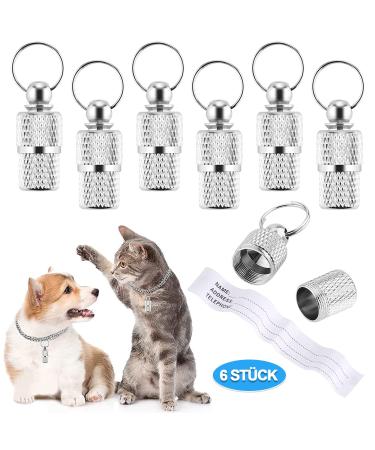 Address pendant for cats and dogs 6 pieces of stainless steel animal brand with key rings anti -free name tag collar trailer for animal identification silver address capsule for pets