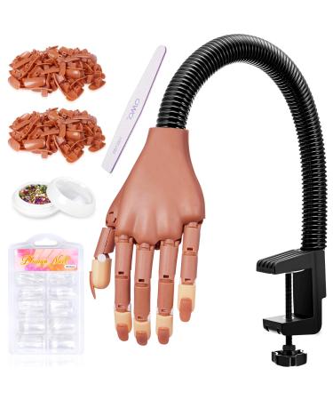 Nail Practice Hand for Acrylic Nails - HoMove Flexible Movable Nail Training Mannequin Hand Fake Hands to Practice Nail - Best DIY Manicure Starter Kit with 300 PCS False Nail Tips & File 4 Piece Set(Brown)