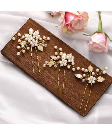 Gorais Pearl Bride Wedding Hair Pins - Leaf Bridal Hair Pieces Rhinestone Hair Clips (Pack of 3) - Gold Accessories for Women and Girls - Buy Online on SooperMarket.com