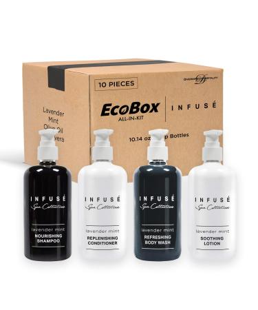 | Infuse 10 Piece Ecobox All-In-Kit | Lavender Mint Soap | 3 Shampoo 2 Conditioner 3 Body Wash & 2 Lotion | 10.14 oz Hotel Soaps and Toiletries Bulk | Personal Care Products