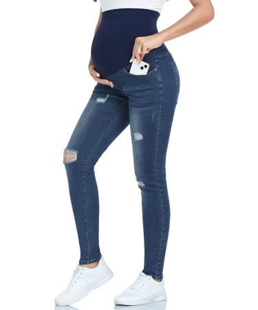 PACBREEZE Women's Maternity Jeans Over The Belly Slim Stretchy High Waist Denim Skinny Pants with Pockets 05: Ripped Indigo Blue S