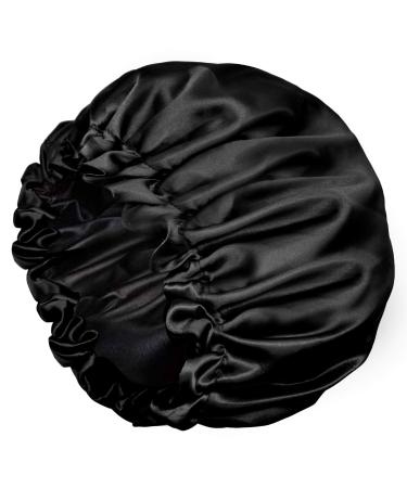 Satin Bonnets  Adjustable satin bonnets for women  Double Layer Large Sleeping Silk Bonnet  Soft Sleep Bonnet For Women Girls Curly Natural Hair Night Sleep Cap(Black) Back