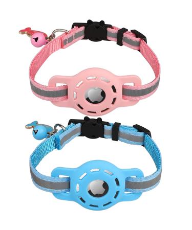Diyife Airtag cat neck band 2-pack reflective GPS light tracker cat neck bands with Airtag case quick lock bell 20-33 cm adjustable for cats kitten blue & pink