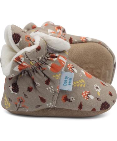 Dotty Fish Cotton Baby Booties | Suede Sole, Fleece Lining, Non-Slip Pram Shoes | Stay On Slippers for Boys, Girls, Unisex | Winter First Shoes (12-18 Months, Brown Woodland Animals) - Buy Online on SooperMarket.com