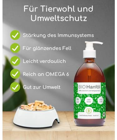 Wolfsbach Organic Hemp Oil for Dogs & Cats 500ml | Omega 3 & 6 | Cold-Pressed 100% Organic from Germany | Ideal Feed & BARF Oil - De- ko-060 - Buy Online on SooperMarket.com