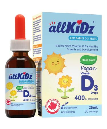 allKiDz Vegan Vitamin D3 Drops for Infants Babies Kids Children Plant-based 400 IU VD3 Liquid Supplement 25 Milliliter