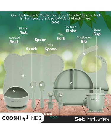 Cooshi Kids 9 Piece Baby Self Feeding Tableware Set - Divided Suction Plate, Suction Bowl, Sippy Cup, Bib, Placemat, Weaning Fork + Spoon + Kids Spoon + Fork Set - Green - Buy Online on SooperMarket.com