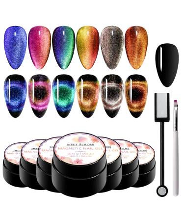 MEET ACROSS 9D Cat Eye Gel Nail Polish Set Chameleon Magnetic Gel Soak Off UV LED 7 Color Gel with Magnet Stick and Brush