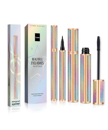 4d Silk Fiber Lash Mascara, Ksndurn Eyeliner & Mascara Set - Black Liquid Eyeliner Pencil / Waterproof Mascara - Sky High Mascara Black Volume and Length Lengthening No Clumping