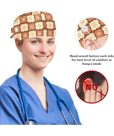 Multicoloured Floral Surgery Cap with Buttons and Bow - Elegant Bouffant Cap for Women with Long Hair - Buy Online on SooperMarket.com