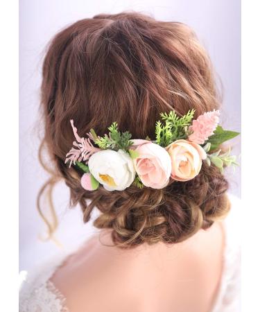 Kercisbeauty Pink and White Hair Comb Prom Girl Floral Headpiece Wedding Brides Bridesmaids Flower Headband Handmade Soft Headband Flower Girl