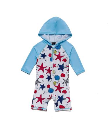 BONVERANO Baby Boys Swimsuit Toddler Bathing Suit Zip-up Full-Zip Hoodie One Piece Swimwear with UPF 50+ Sun Protection 12-18 Months Blue Star