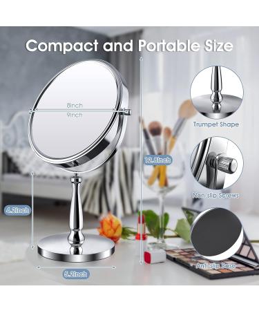 Zelaxy 8 Large Makeup Vanity Mirror | Double Sided 1X 10X Magnification | 360 Swivel Round Mirror with Stand | High Definition | Chrome Finish | Silver - Buy Online on SooperMarket.com